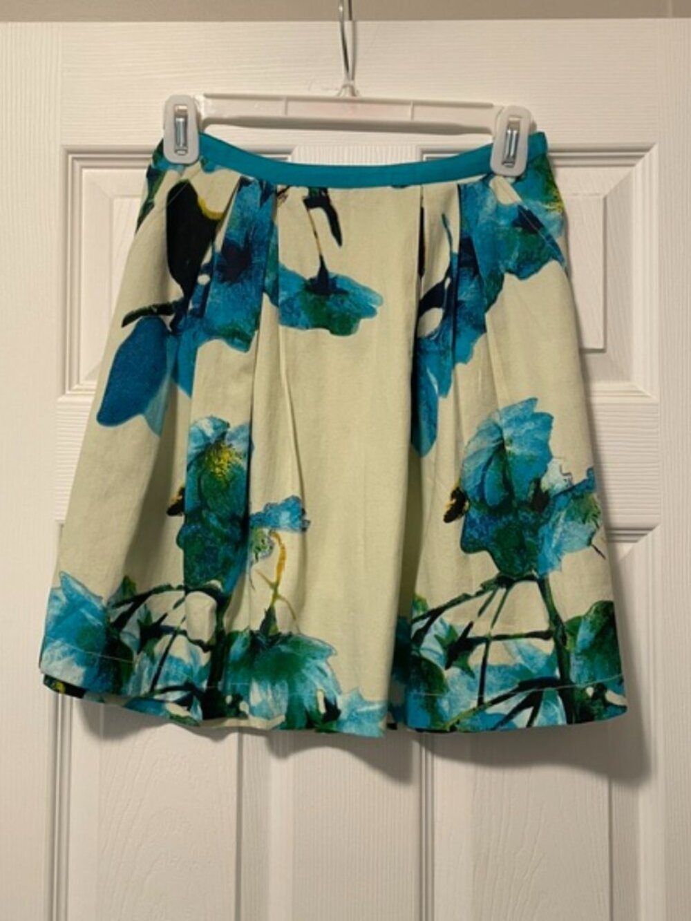 Anthropologie Floral Midi Skirt in Teal and Cream